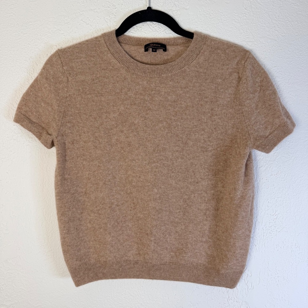 Quince Women's M 100% Mongolian Cashmere Short Sleeve Sweater Camel Chic